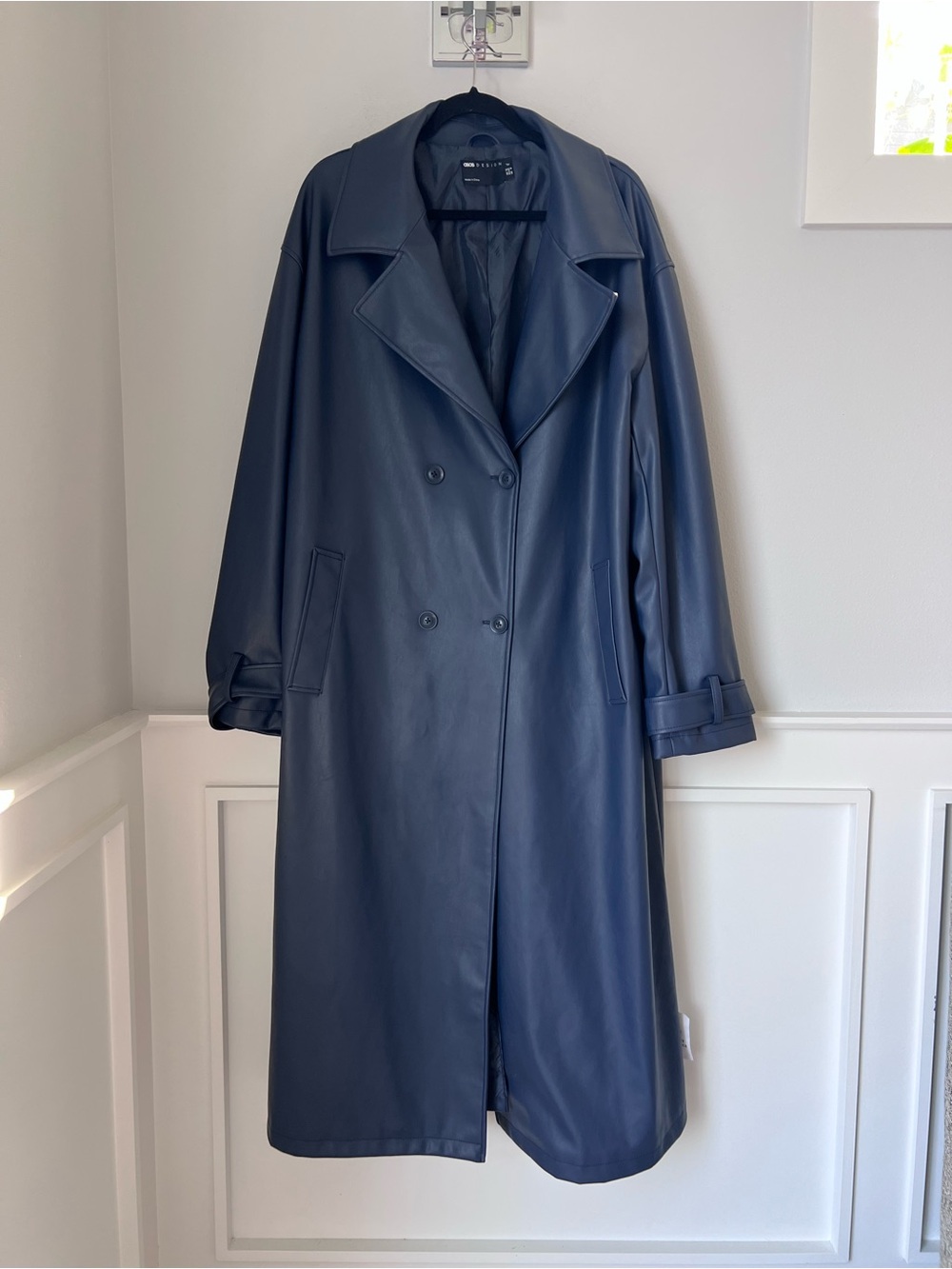 ASOS Navy Faux-Leather Double-Breasted Trench Coat